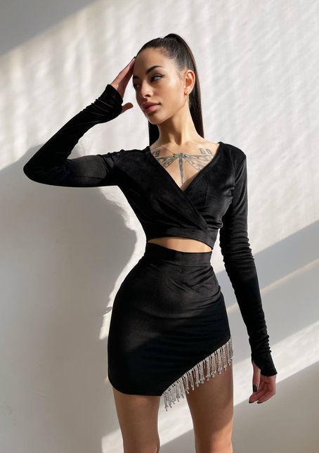 Оксамитовий комплект, декорований бахромою зі страз Оксамитовий комплект, декорований бахромою зі страз | PUSHKA SHOP