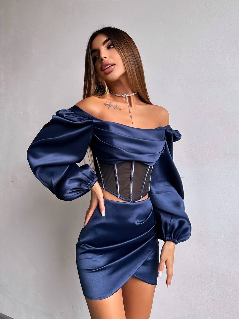 Комплект: корсет, декорований стразами   + спідниця міні з драпіруванням  Комплект: корсет, декорований стразами   + спідниця міні з драпіруванням  | PUSHKA SHOP