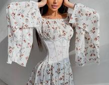 Платье  ассиметричного кроя с расклешенными рукавами + корсет декорированный стразами  Платье  ассиметричного кроя с расклешенными рукавами + корсет декорированный стразами  | PUSHKA SHOP