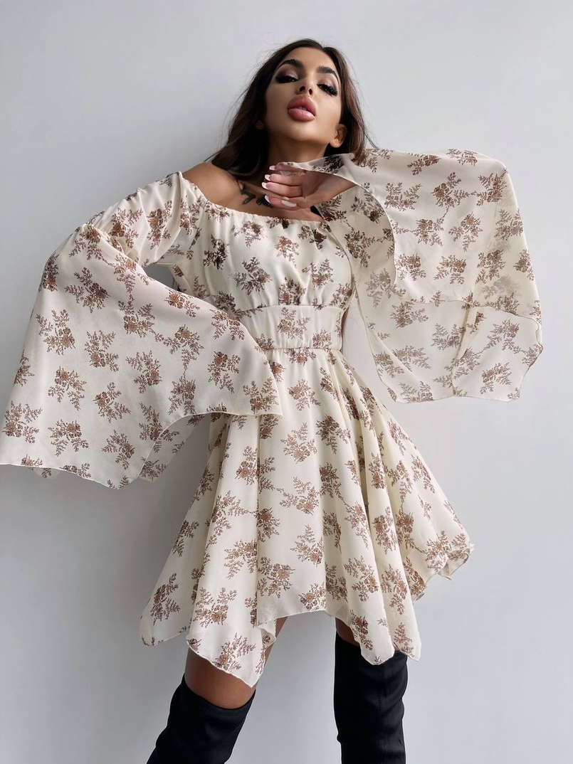 Шифонова сукня на підкладці з розкльошеними рукавами з асиметричною спідницею + корсет декорований стразами  Шифонова сукня на підкладці з розкльошеними рукавами з асиметричною спідницею + корсет декорований стразами  | PUSHKA SHOP