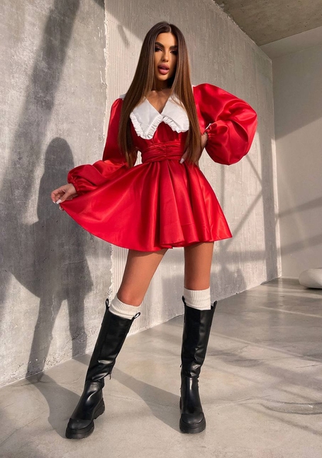 Сукня з коміром та об'ємними рукавами з широким поясом | PUSHKA SHOP