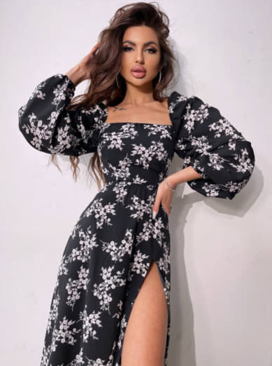 Квіткова сукня-міді зі шнурівкою на спинці та розрізом на ніжці Квіткова сукня-міді зі шнурівкою на спинці та розрізом на ніжці | PUSHKA SHOP