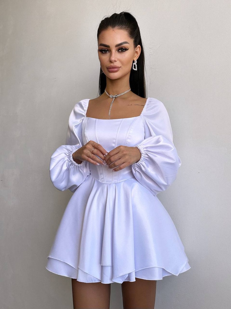 Атласна корсетна сукня з пишною подвійною спідницею та об‘ємними рукавами | PUSHKA SHOP