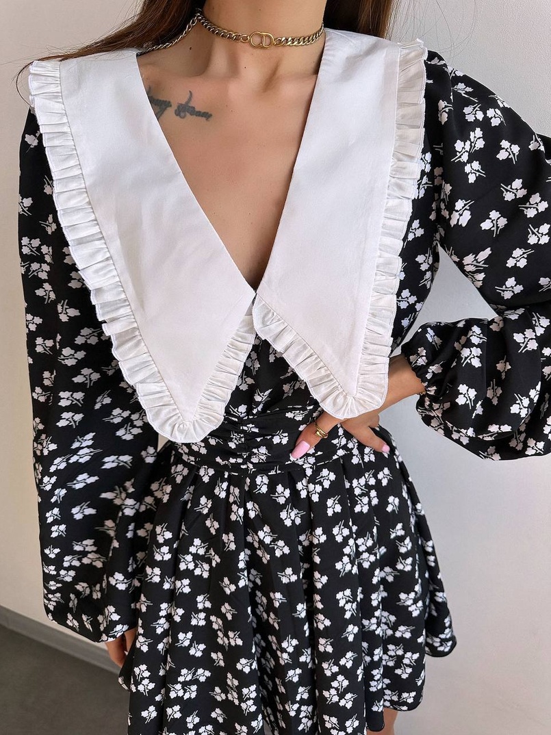 Сукня з коміром та об'ємними рукавами з широким поясом | PUSHKA SHOP