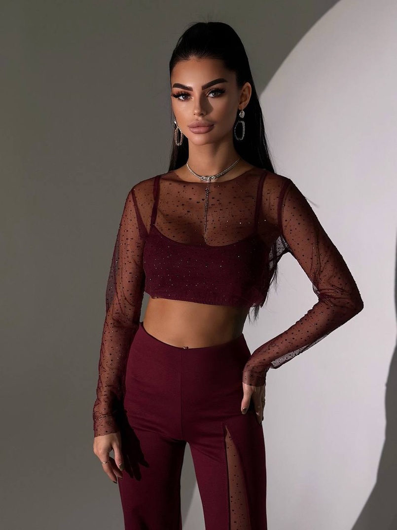 Комплект: топ + штани із сіткою зі стразами  Комплект: топ + штани із сіткою зі стразами  | PUSHKA SHOP