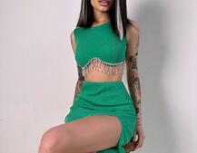 Комплект: топ з бахромою зі страз та спідниця з розрізом  | PUSHKA SHOP