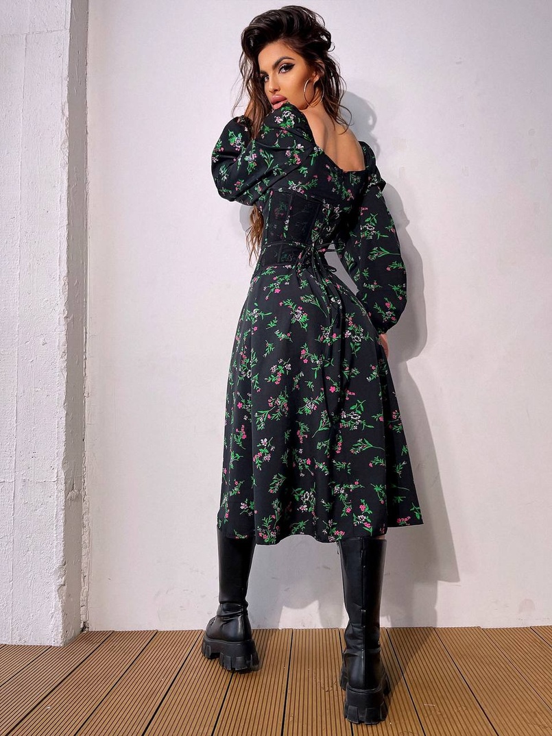 Сукня міді з розрізом в квітковий принт + прозорий корсет  Сукня міді з розрізом в квітковий принт + прозорий корсет  | PUSHKA SHOP