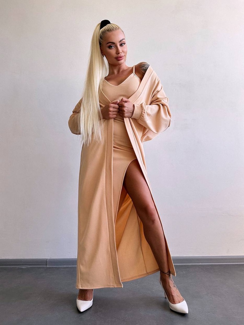 Комплект: сукня з філіжанками + кардиган максі з теплого рубчика  Комплект: сукня з філіжанками + кардиган максі з теплого рубчика  | PUSHKA SHOP