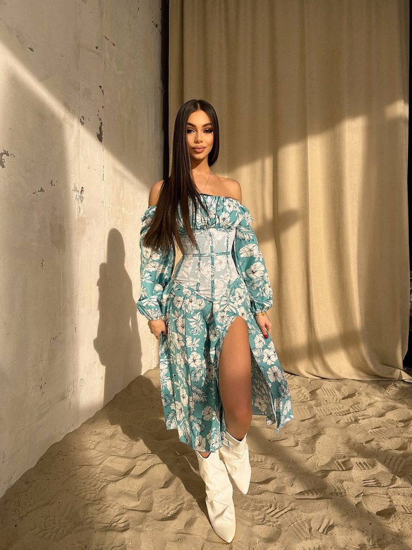 Сукня міді з розрізом в квітковий принт + прозорий корсет  Сукня міді з розрізом в квітковий принт + прозорий корсет  | PUSHKA SHOP