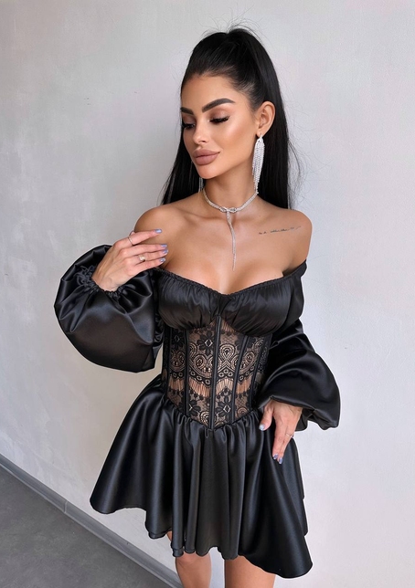 Атласна сукня з обʼємними рукавами та мереживом Атласна сукня з обʼємними рукавами та мереживом | PUSHKA SHOP