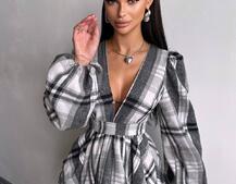 Сукня з подвійною спідницею та обʼємними рукавами у клітинку  Сукня з подвійною спідницею та обʼємними рукавами у клітинку  | PUSHKA SHOP