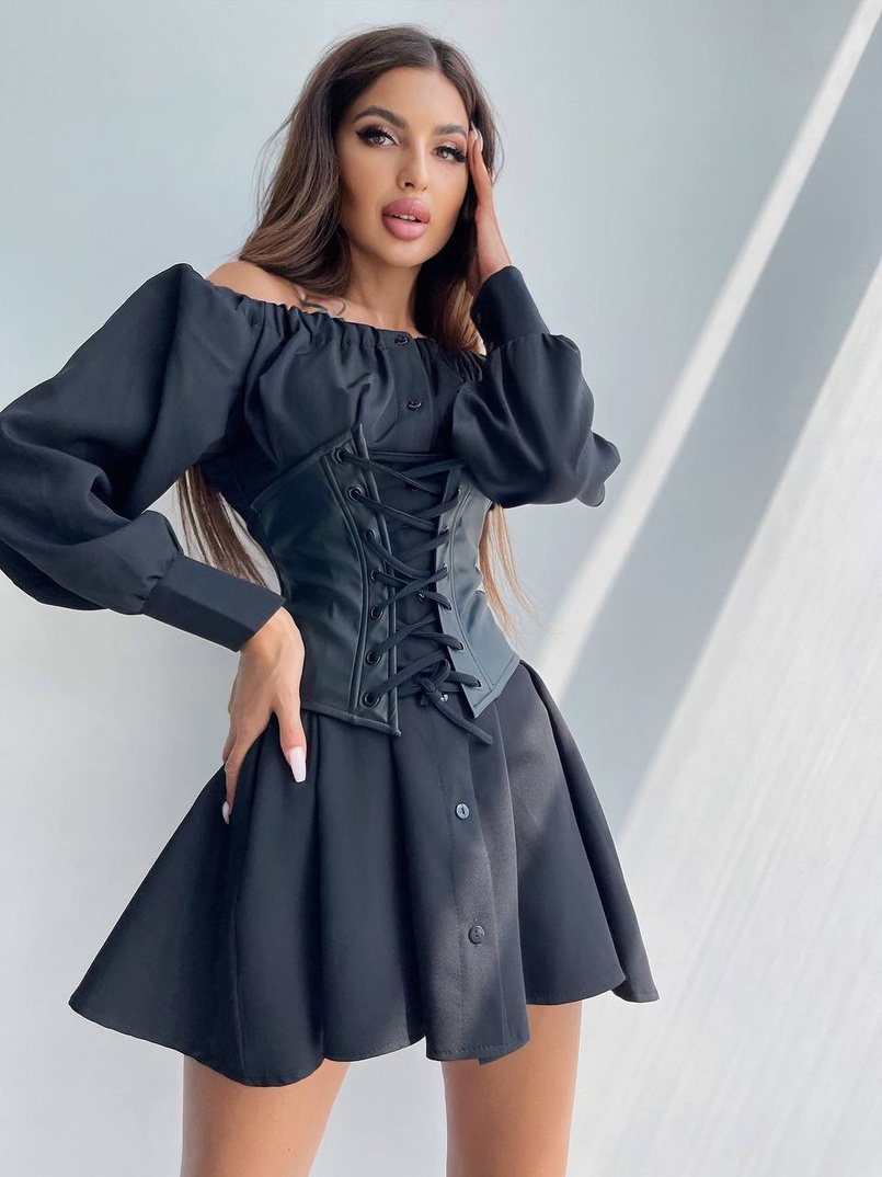 Приталена сукня-сорочка на плічках з корсетом з еко-шкіри | PUSHKA SHOP