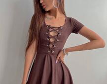 Трикотажное платье-мини со шнуровкой на груди  Трикотажное платье-мини со шнуровкой на груди  | PUSHKA SHOP