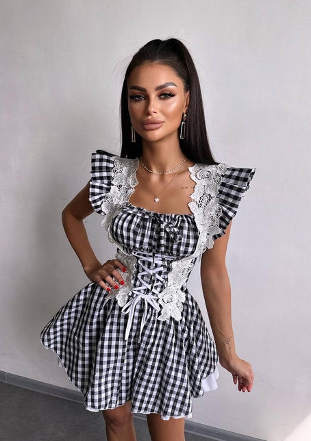 Сукня в клітинку декорована мереживом  | PUSHKA SHOP