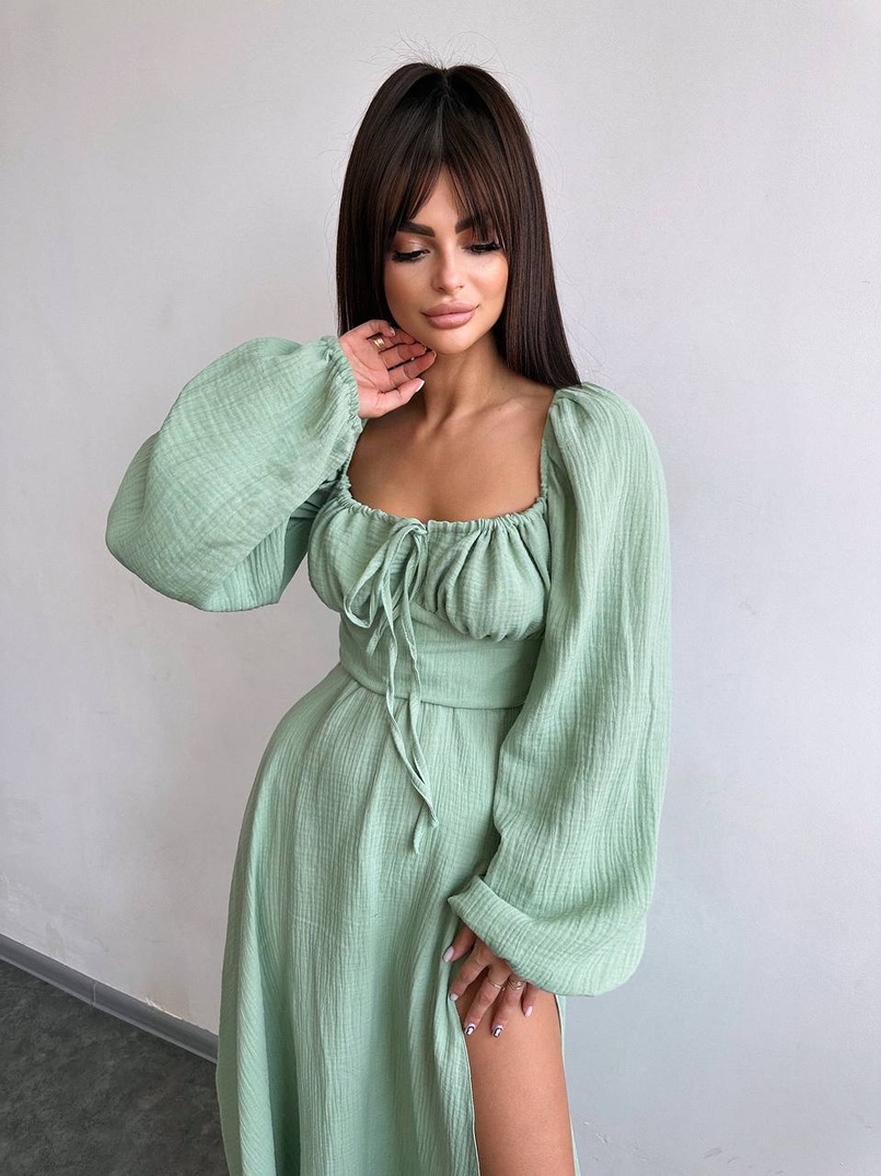 Муслінова сукня -міді з розрізом на ніжці  | PUSHKA SHOP