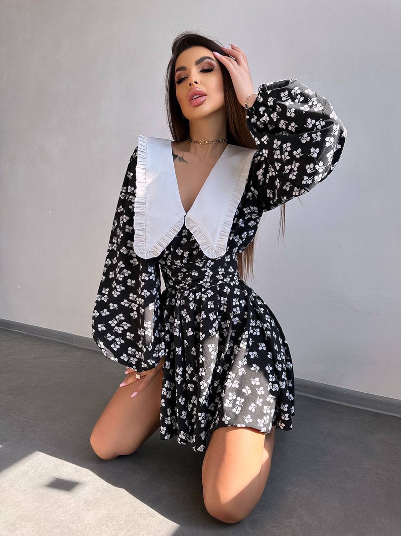 Сукня з коміром та об'ємними рукавами з широким поясом | PUSHKA SHOP