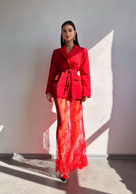 Комплект: піджак + блуза з баской + мереживна спідниця-шорти  | PUSHKA SHOP