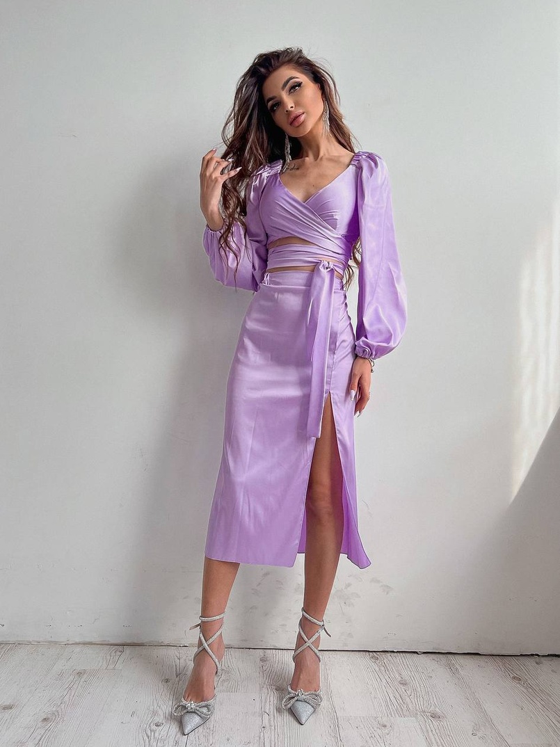 Шелковый комплект: топ с завязками на талии + юбка миди с разрезом  | PUSHKA SHOP