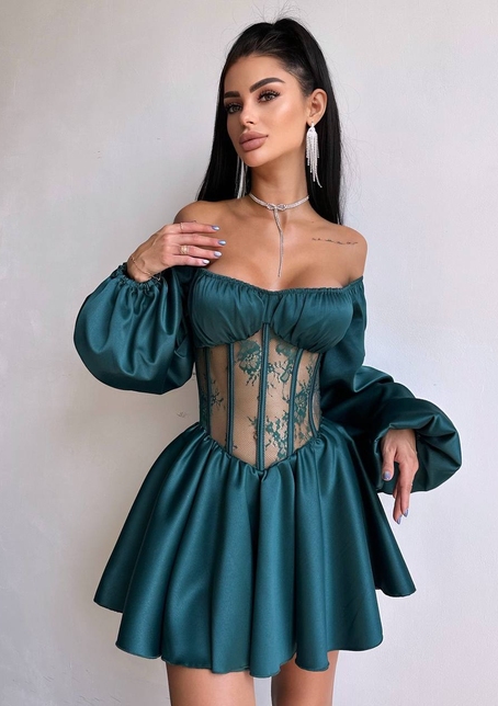 Атласна сукня з обʼємними рукавами та мереживом | PUSHKA SHOP