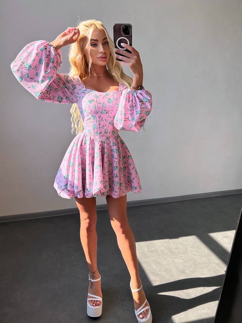 Сукня міні з квітковим принтом, корсетним верхом та подвійною спідницею  Сукня міні з квітковим принтом, корсетним верхом та подвійною спідницею  | PUSHKA SHOP