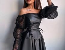 Корсетна сукня з еко-шкіри з мереживними рукавами Корсетна сукня з еко-шкіри з мереживними рукавами | PUSHKA SHOP