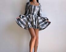 Корсетна сукня з подвійною спідницею та обʼємними рукавами у клітинку  Корсетна сукня з подвійною спідницею та обʼємними рукавами у клітинку  | PUSHKA SHOP