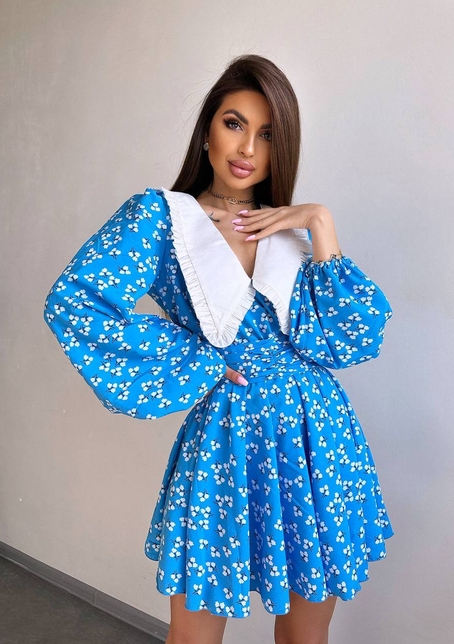 Сукня з коміром та об'ємними рукавами з широким поясом | PUSHKA SHOP