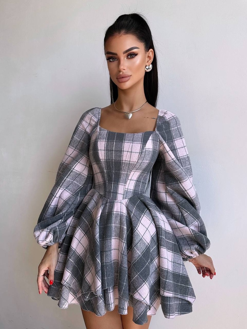 Корсетна сукня з подвійною спідницею та обʼємними рукавами у клітинку  Корсетна сукня з подвійною спідницею та обʼємними рукавами у клітинку  | PUSHKA SHOP