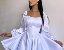 Атласна корсетна сукня з пишною подвійною спідницею та об‘ємними рукавами | PUSHKA SHOP