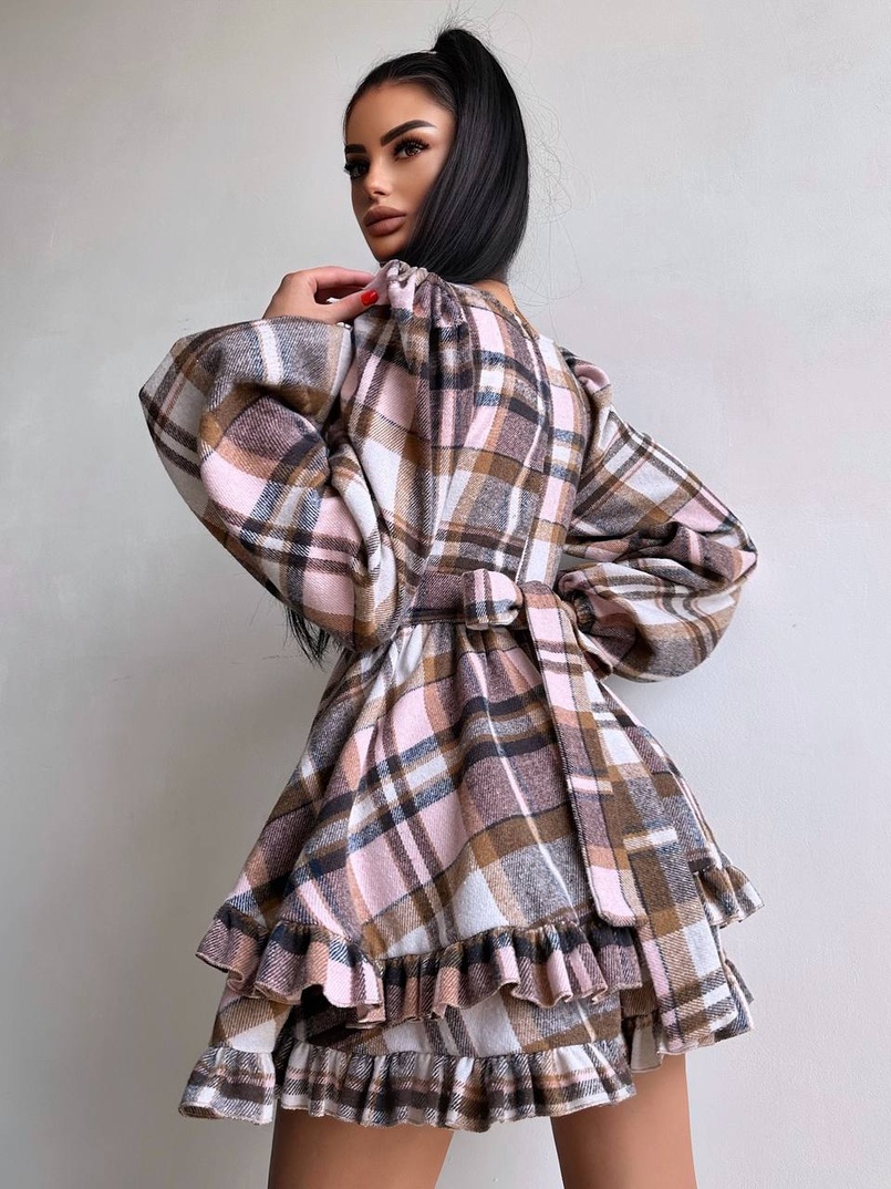 Сукня з подвійною спідницею та обʼємними рукавами у клітинку  Сукня з подвійною спідницею та обʼємними рукавами у клітинку  | PUSHKA SHOP