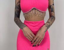 Комплект: топ з бахромою зі страз та спідниця з розрізом  | PUSHKA SHOP