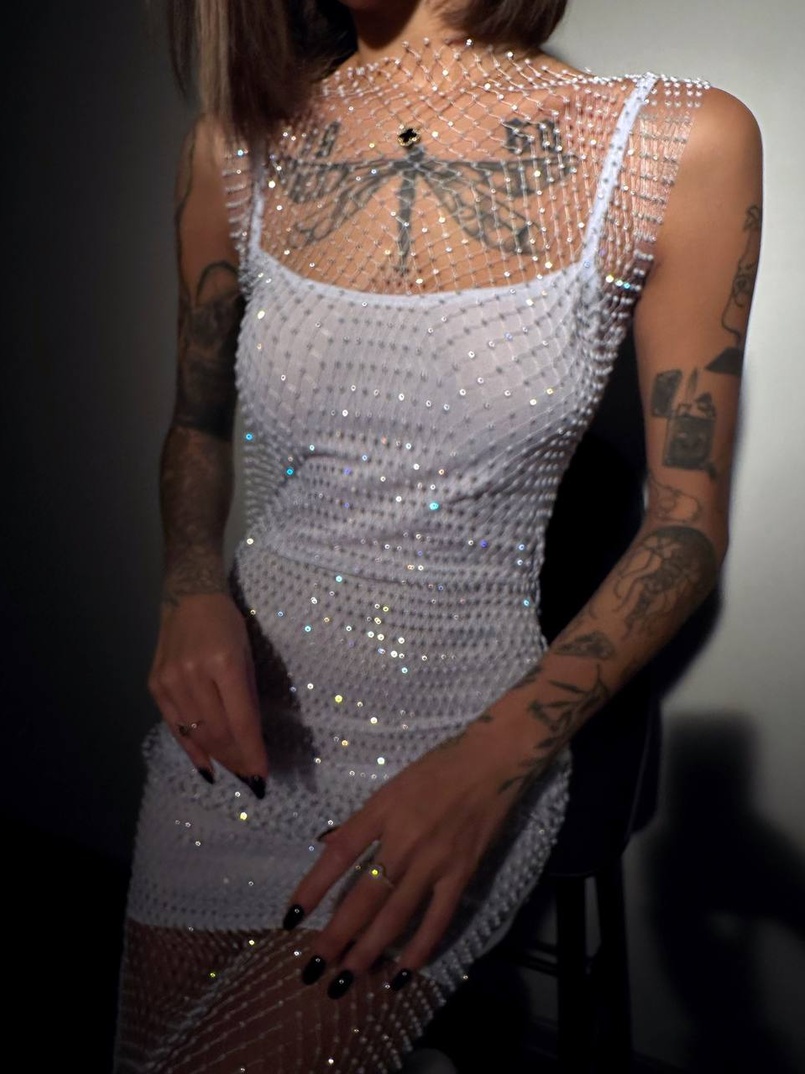Сукня із сітки зі стразами на трикотажній підкладці  Сукня із сітки зі стразами на трикотажній підкладці  | PUSHKA SHOP