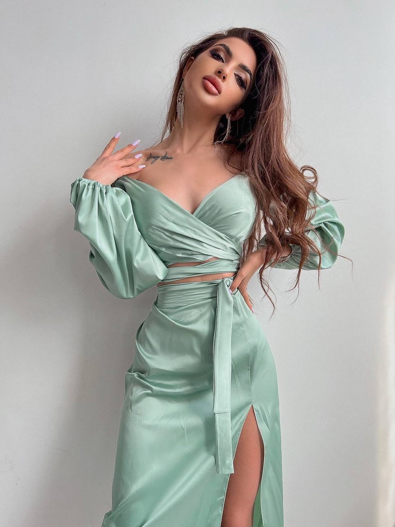 Шелковый комплект: топ с завязками на талии + юбка миди с разрезом  | PUSHKA SHOP