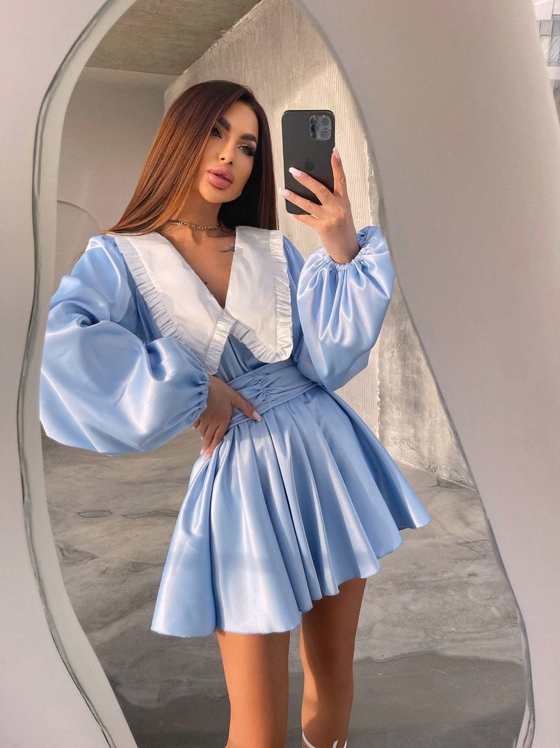 Сукня з коміром та об'ємними рукавами з широким поясом Сукня з коміром та об'ємними рукавами з широким поясом | PUSHKA SHOP