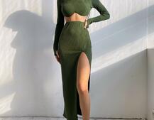 Трикотажный комплект: топ с чашечками push up + юбка миди с разрезом  Трикотажный комплект: топ с чашечками push up + юбка миди с разрезом  | PUSHKA SHOP