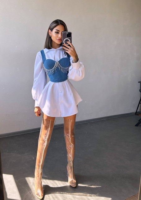 Приталена сорочка + корсет декорований бахромою зі страз Ручна робота | PUSHKA SHOP