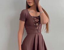 Трикотажное платье-мини со шнуровкой на груди  Трикотажное платье-мини со шнуровкой на груди  | PUSHKA SHOP