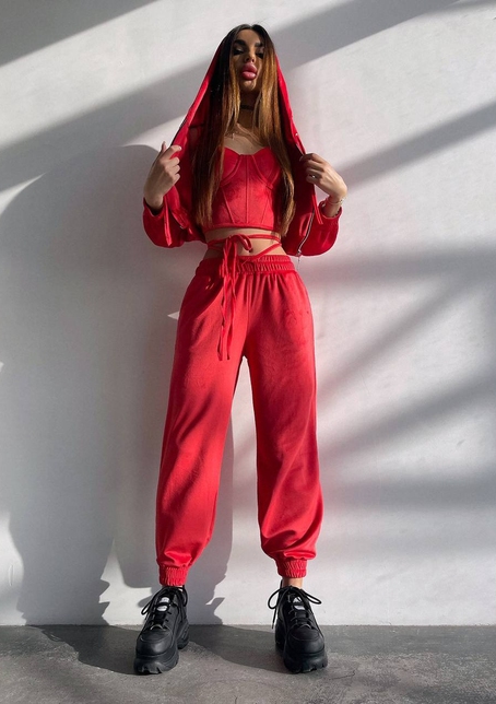 Велюровий комплект трійка: кофта + корсет з чашечками + джогери  | PUSHKA SHOP