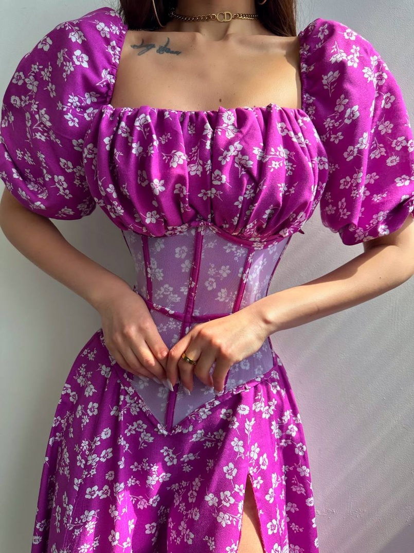 Сукня міді з розрізом в квітковий принт + прозорий корсет  Сукня міді з розрізом в квітковий принт + прозорий корсет  | PUSHKA SHOP