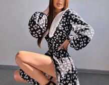 Сукня з коміром та об'ємними рукавами з широким поясом | PUSHKA SHOP