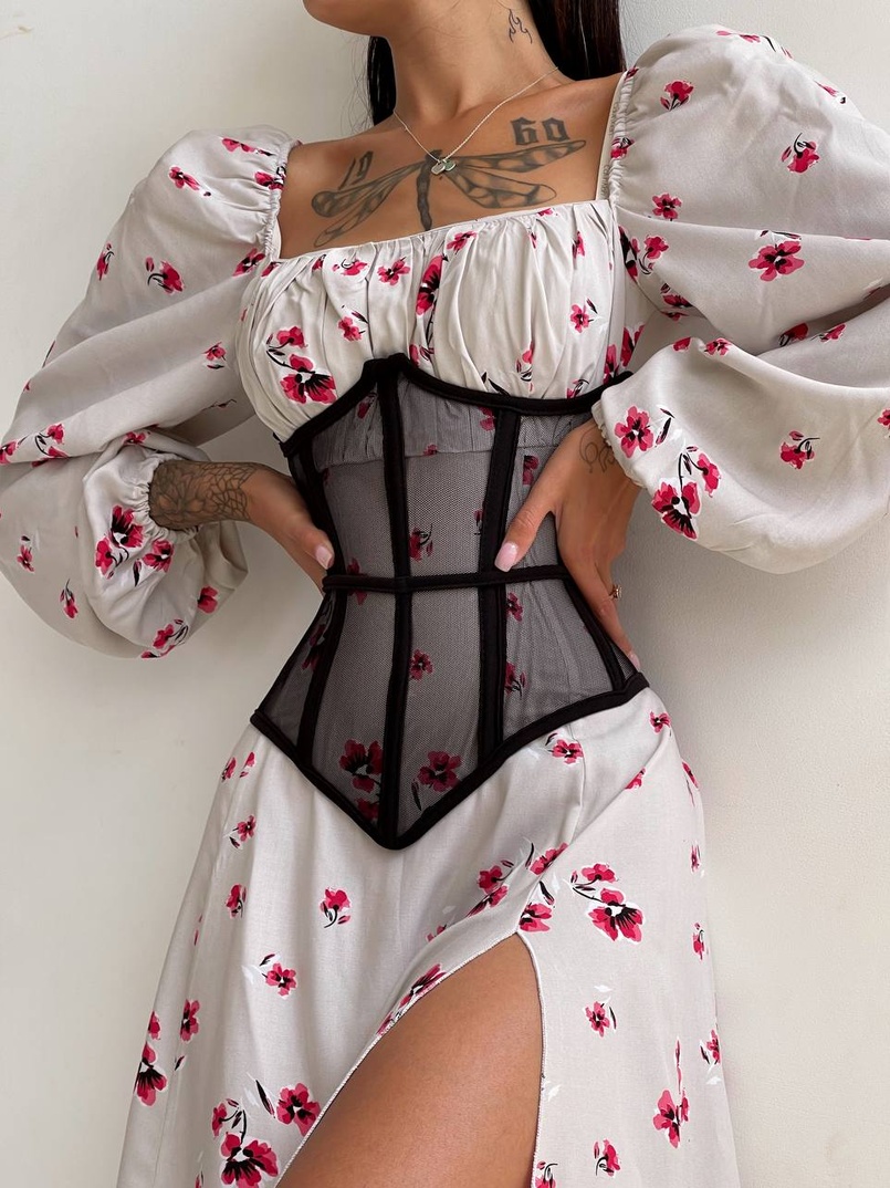 Сукня міді з розрізом в квітковий принт + прозорий корсет  | PUSHKA SHOP