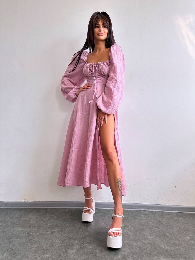 Муслінова сукня -міді з розрізом на ніжці  | PUSHKA SHOP