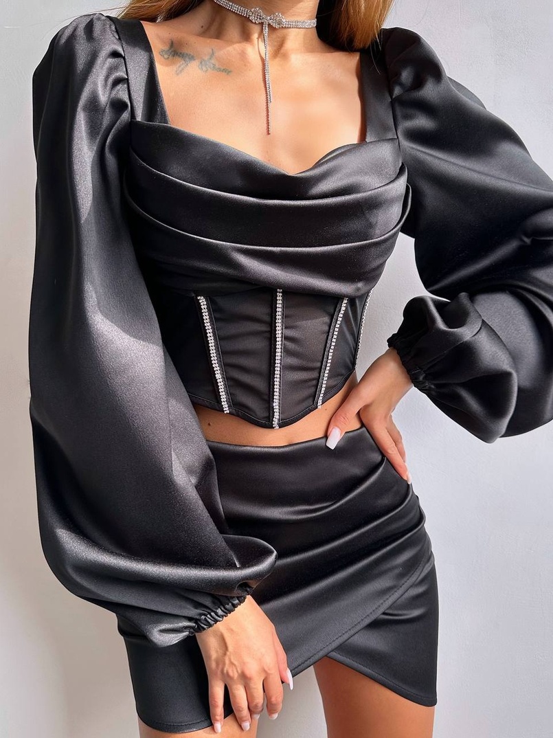 Комплект: корсет, декорований стразами   + спідниця міні з драпіруванням  Комплект: корсет, декорований стразами   + спідниця міні з драпіруванням  | PUSHKA SHOP