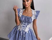 Сукня в клітинку декорована мереживом  Сукня в клітинку декорована мереживом  | PUSHKA SHOP