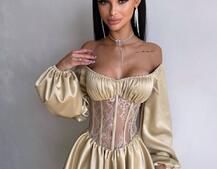 Атласна сукня з обʼємними рукавами та мереживом Атласна сукня з обʼємними рукавами та мереживом | PUSHKA SHOP