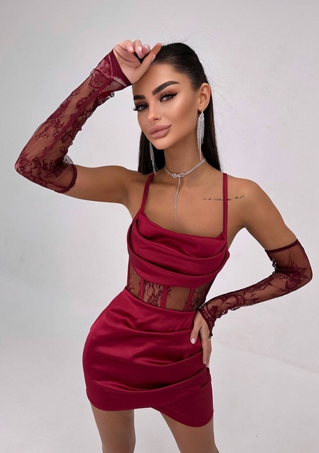 Комплект: корсет, декорований мереживом   + рукавички+ спідниця міні з драпіруванням   Комплект: корсет, декорований мереживом   + рукавички+ спідниця міні з драпіруванням   | PUSHKA SHOP