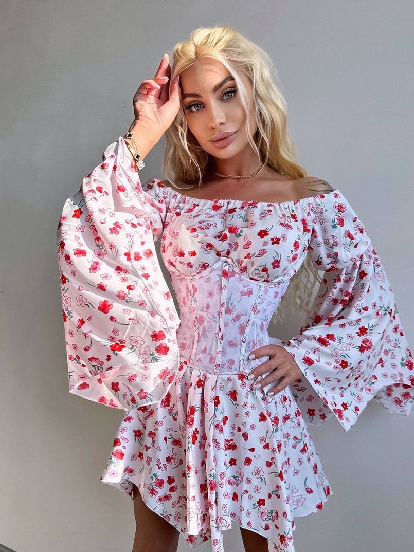 Сукня з асиметричною спідницею та розкльошеними рукавами + корсет  Сукня з асиметричною спідницею та розкльошеними рукавами + корсет  | PUSHKA SHOP