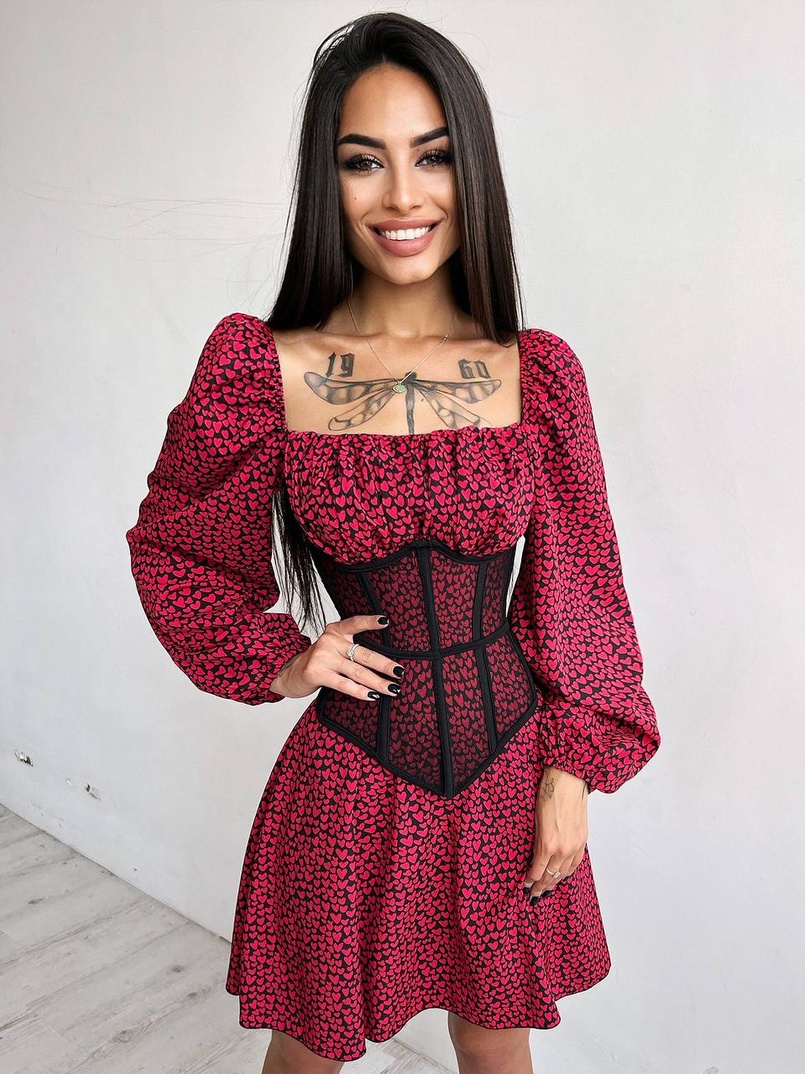Приталена сукня з принтом  + прозорий корсет Приталена сукня з принтом  + прозорий корсет | PUSHKA SHOP