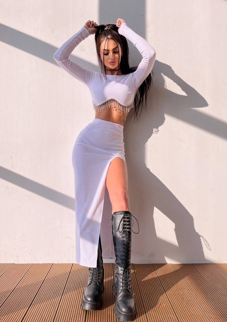 Комплект: спідниця з розрізом + топ, декорований бахромой зі страз | PUSHKA SHOP