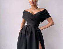 Сукня максі  з відкритими плечима та розрізом на спідниці | PUSHKA SHOP